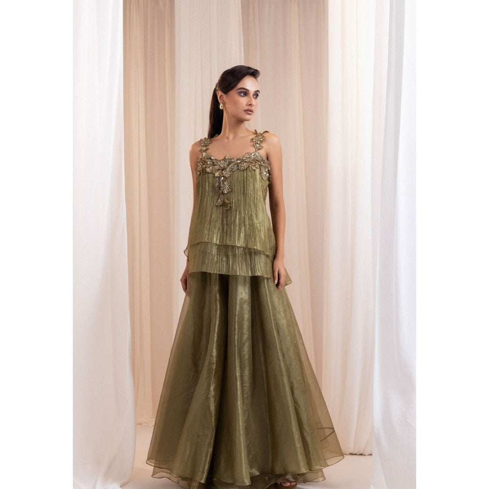 SMRITI Olive Skirt with Embroidered Top