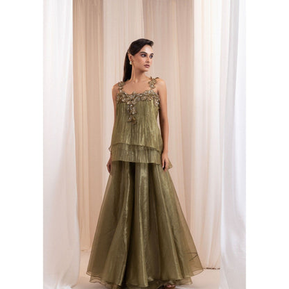 SMRITI Olive Skirt with Embroidered Top