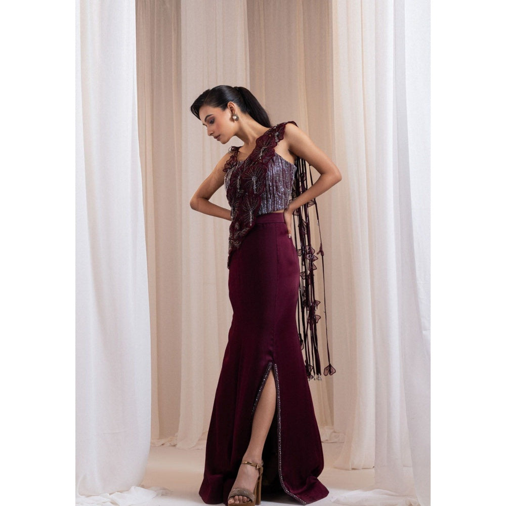 SMRITI Wine Draped Skirt with Corset Style Top