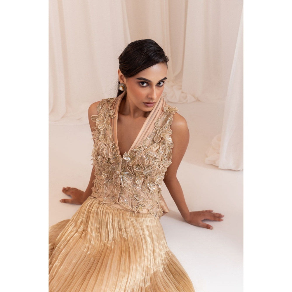 SMRITI Beige Floral Embroidered Top with Skirt