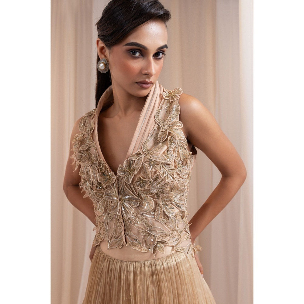 SMRITI Beige Floral Embroidered Top with Skirt