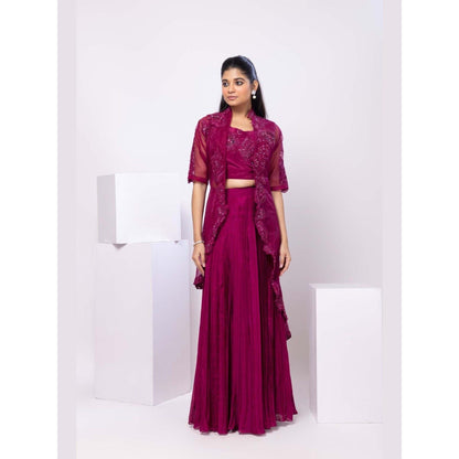 SMRITI Magenta Crop Top with Pleated Skirt and Cape