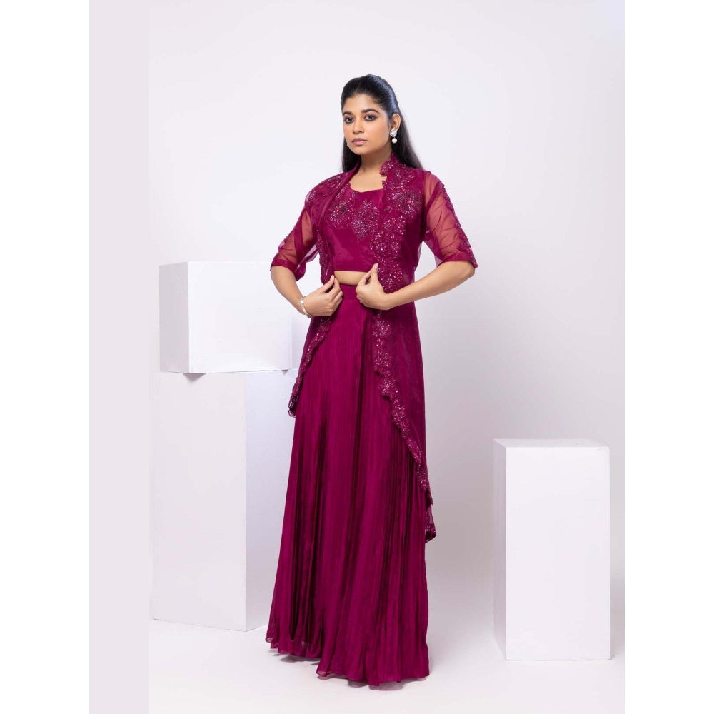 SMRITI Magenta Crop Top with Pleated Skirt and Cape