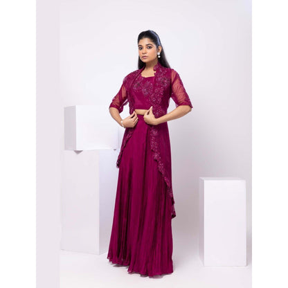 SMRITI Magenta Crop Top with Pleated Skirt and Cape