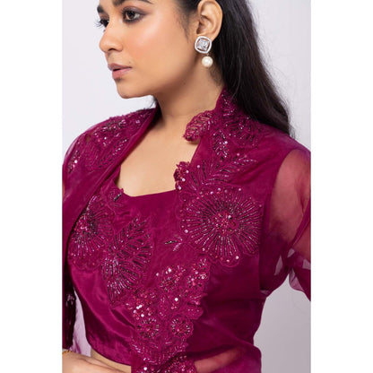 SMRITI Magenta Crop Top with Pleated Skirt and Cape