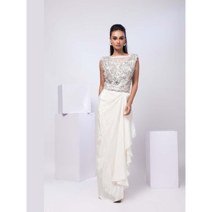 SMRITI White Drape Skirt and Embroidered Top