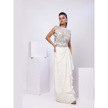 SMRITI White Drape Skirt and Embroidered Top