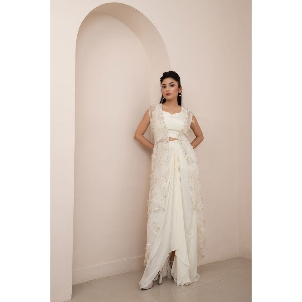 SMRITI Ivory Wildflower Jacket and Drape Skirt with Top