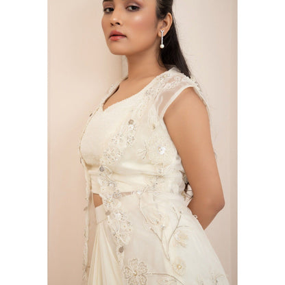 SMRITI Ivory Wildflower Jacket and Drape Skirt with Top