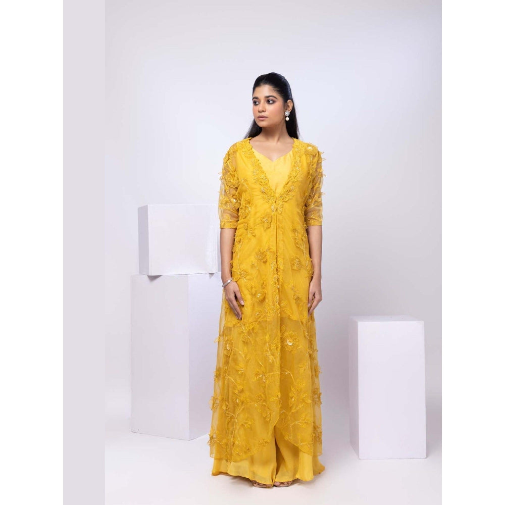SMRITI Yellow Wildflower Jacket and Drape Skirt with Top