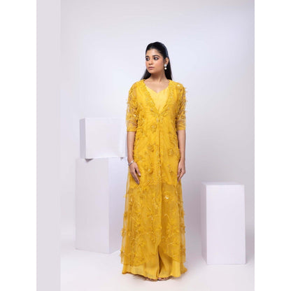SMRITI Yellow Wildflower Jacket and Drape Skirt with Top