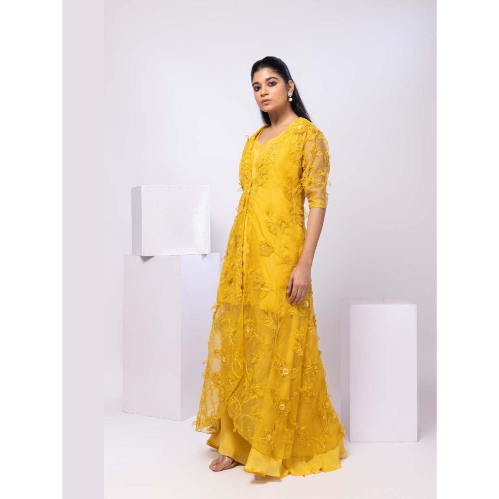 SMRITI Yellow Wildflower Jacket and Drape Skirt with Top