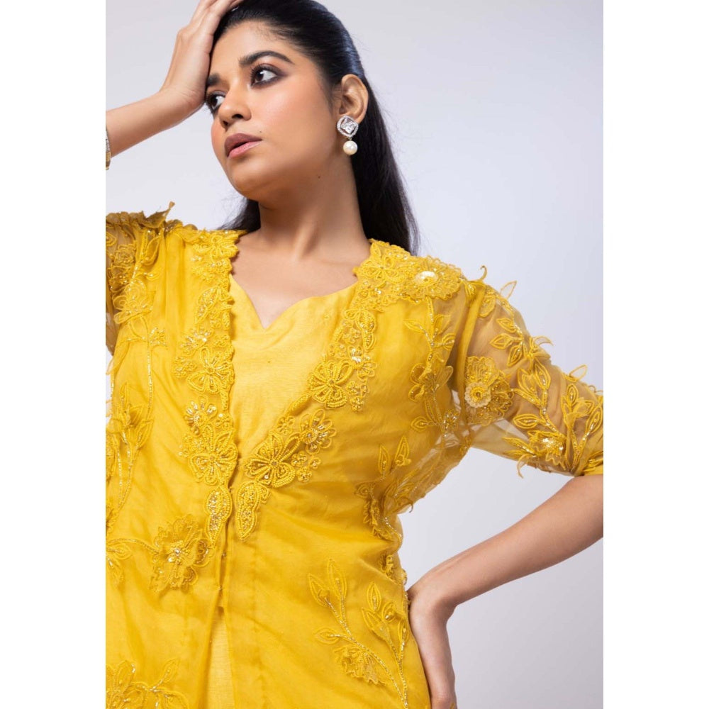 SMRITI Yellow Wildflower Jacket and Drape Skirt with Top