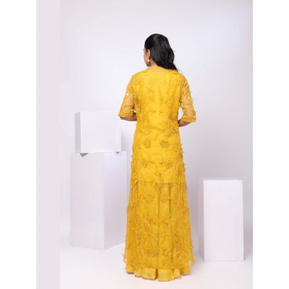SMRITI Yellow Wildflower Jacket and Drape Skirt with Top