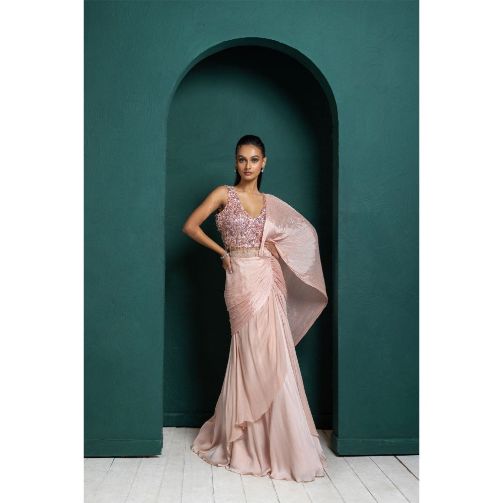 SMRITI Blush Elegance Pre-Draped Saree with Stitched Blouse