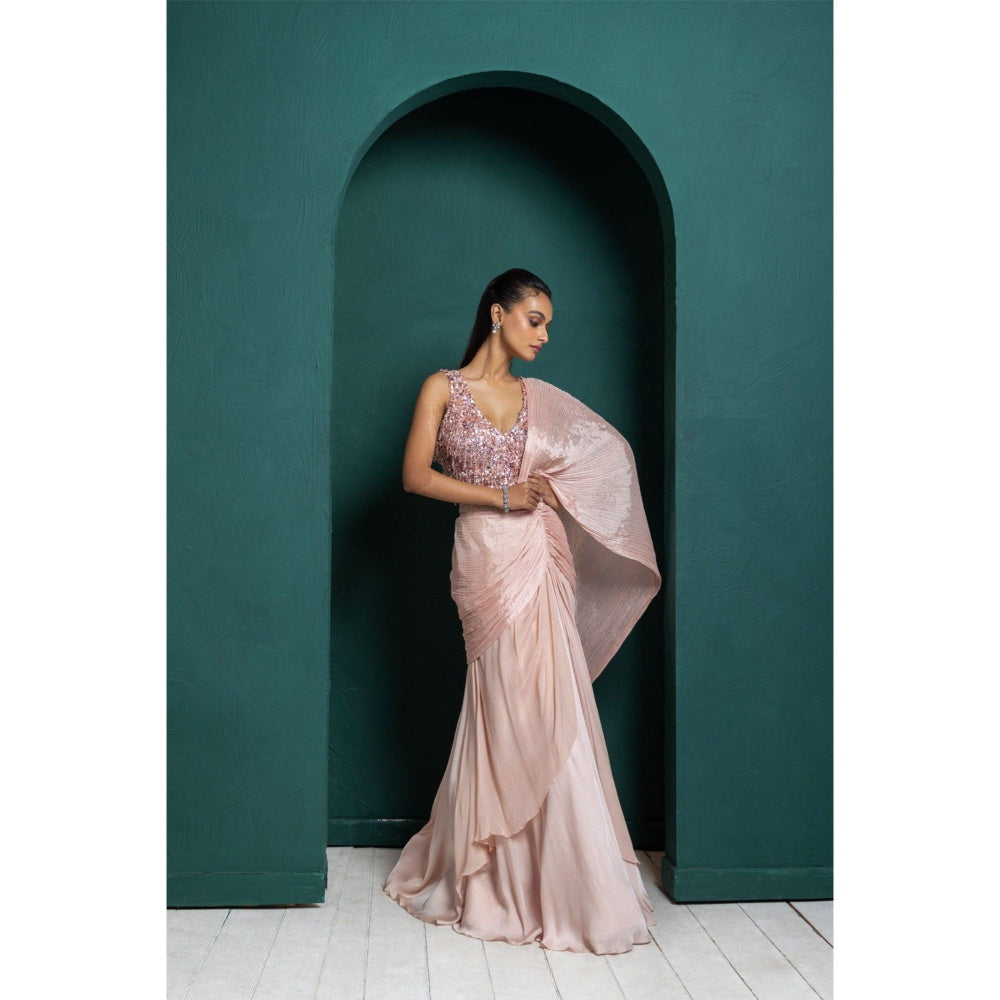 SMRITI Blush Elegance Pre-Draped Saree with Stitched Blouse