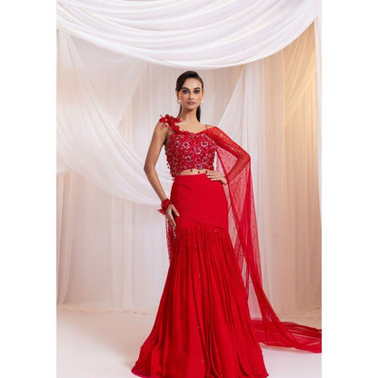SMRITI Crimson Gleam Pre-Draped Saree with Stitched Blouse