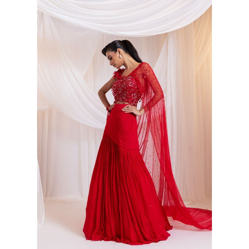 SMRITI Crimson Gleam Pre-Draped Saree with Stitched Blouse