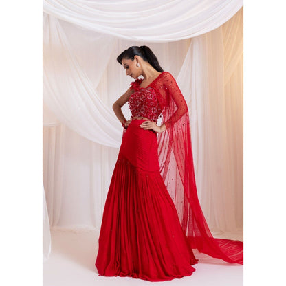 SMRITI Crimson Gleam Pre-Draped Saree with Stitched Blouse