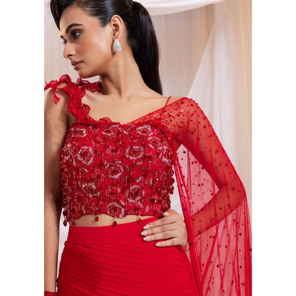 SMRITI Crimson Gleam Pre-Draped Saree with Stitched Blouse