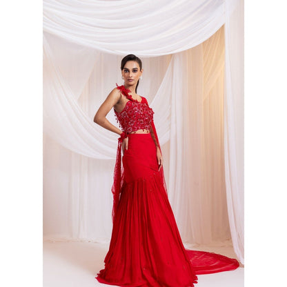 SMRITI Crimson Gleam Pre-Draped Saree with Stitched Blouse