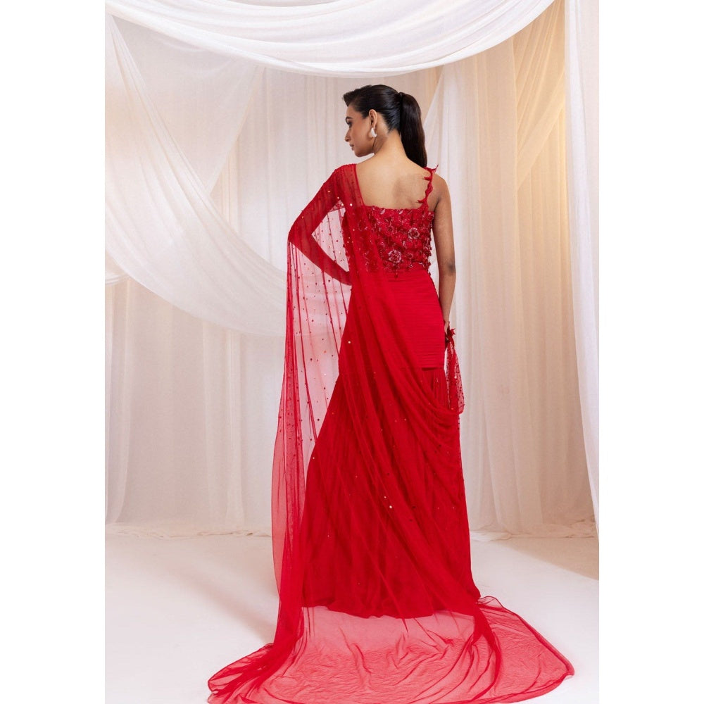 SMRITI Crimson Gleam Pre-Draped Saree with Stitched Blouse