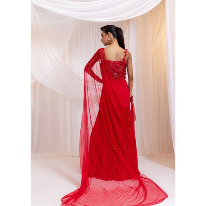 SMRITI Crimson Gleam Pre-Draped Saree with Stitched Blouse
