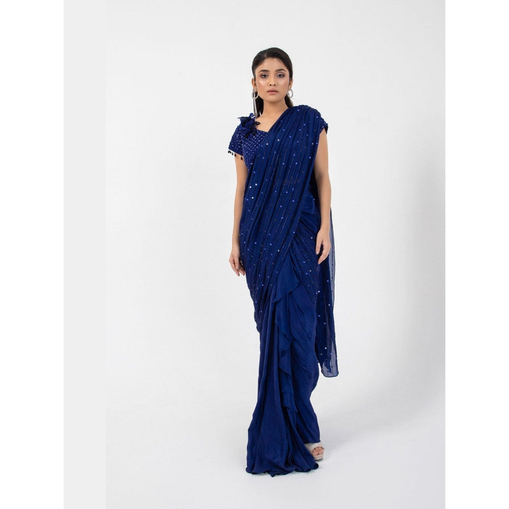 SMRITI Eden Blue Pre-Draped Saree with Stitched Blouse