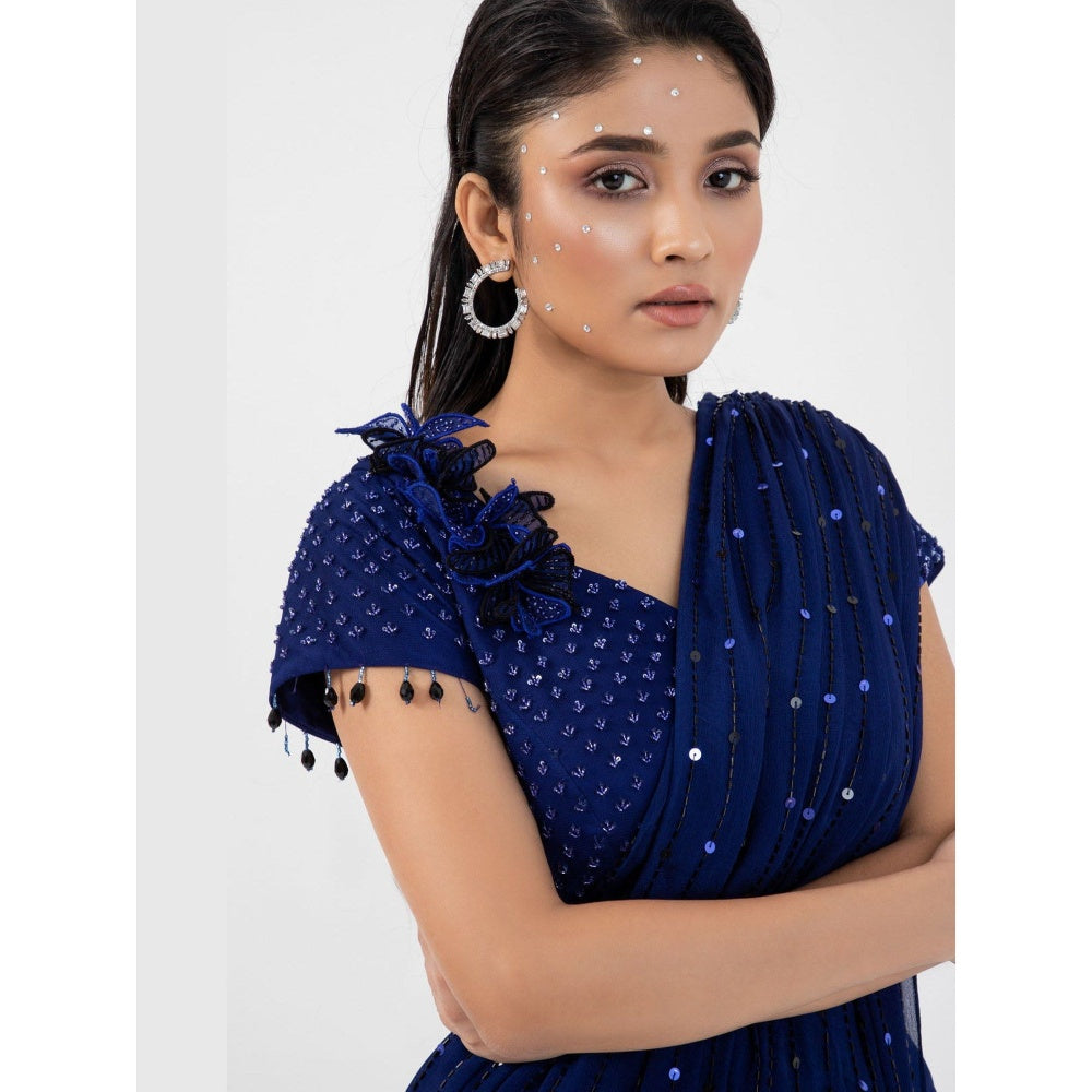 SMRITI Eden Blue Pre-Draped Saree with Stitched Blouse