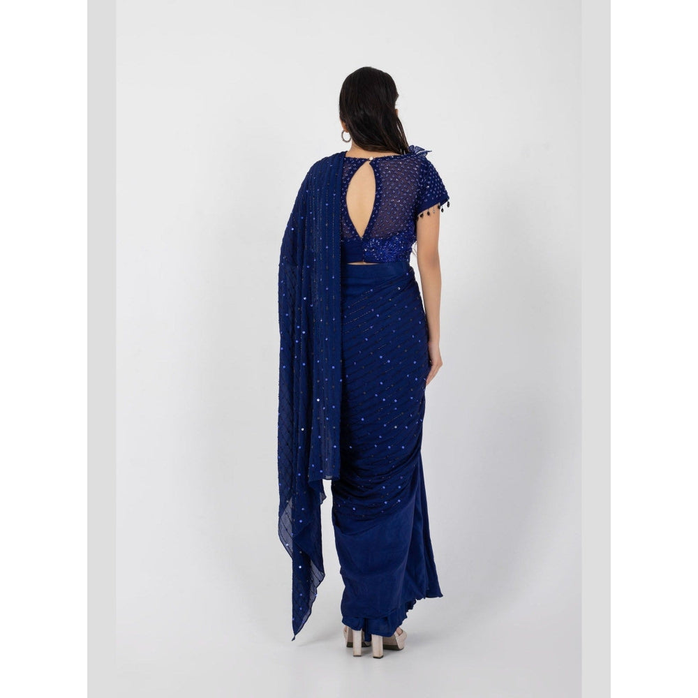 SMRITI Eden Blue Pre-Draped Saree with Stitched Blouse
