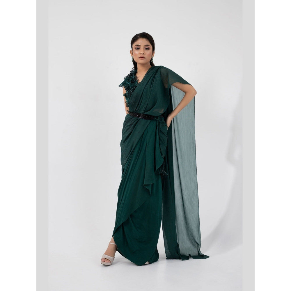 SMRITI Emerald 3D Floral Pre-Draped Saree with Stitched Blouse and Belt