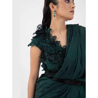 SMRITI Emerald 3D Floral Pre-Draped Saree with Stitched Blouse and Belt