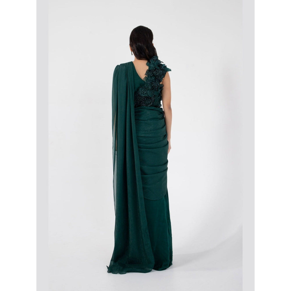 SMRITI Emerald 3D Floral Pre-Draped Saree with Stitched Blouse and Belt