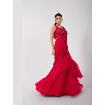 SMRITI Fuchsia Aura Pre-Draped Saree with Stitched Blouse