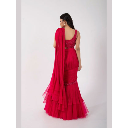 SMRITI Fuchsia Aura Pre-Draped Saree with Stitched Blouse