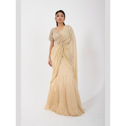 SMRITI Gold Goddess Pre-Draped Saree with Stitched Blouse
