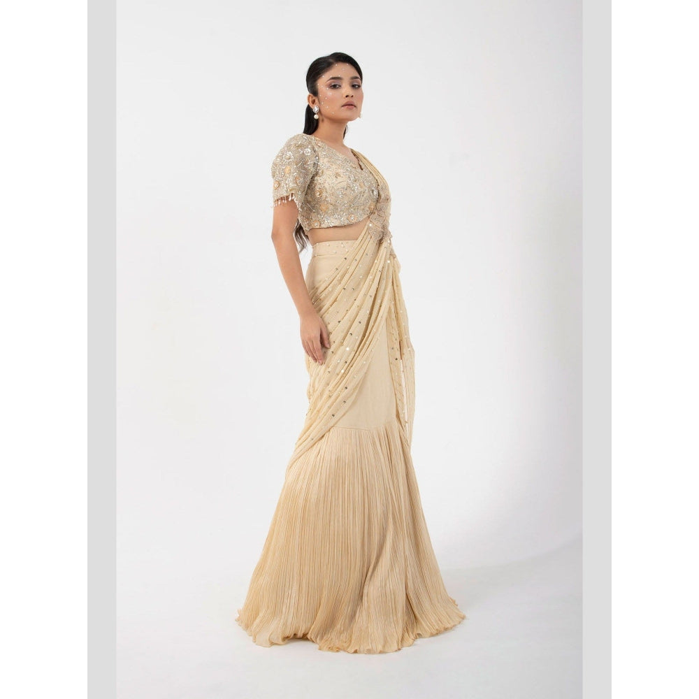 SMRITI Gold Goddess Pre-Draped Saree with Stitched Blouse