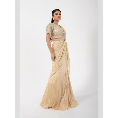 SMRITI Gold Goddess Pre-Draped Saree with Stitched Blouse