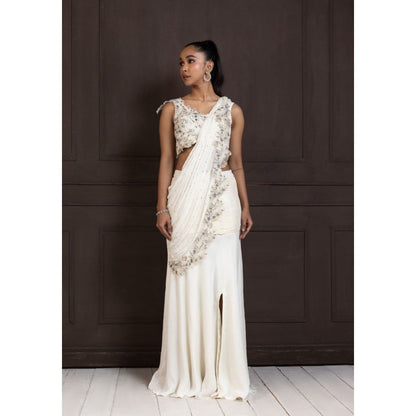SMRITI Ivory Grace Draped Saree with Stitched Blouse