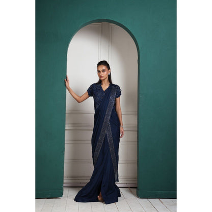 SMRITI Midnight Elegance Embellished Pre-Draped Saree with Stitched Blouse