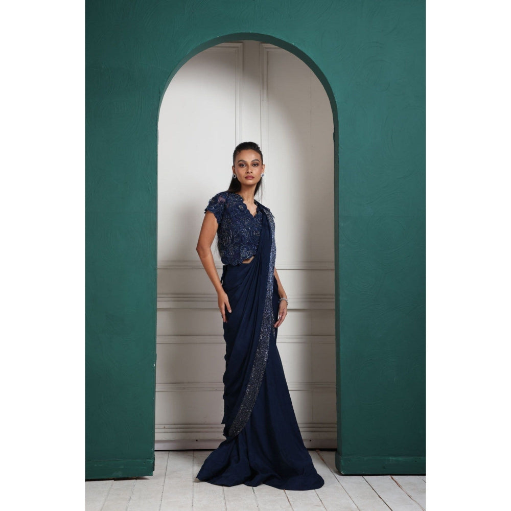 SMRITI Midnight Elegance Embellished Pre-Draped Saree with Stitched Blouse