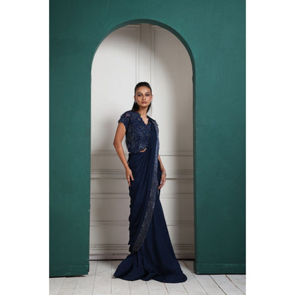 SMRITI Midnight Elegance Embellished Pre-Draped Saree with Stitched Blouse