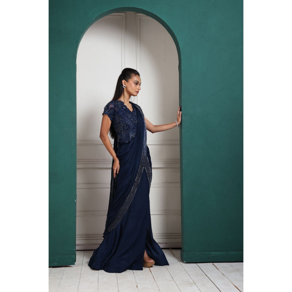 SMRITI Midnight Elegance Embellished Pre-Draped Saree with Stitched Blouse