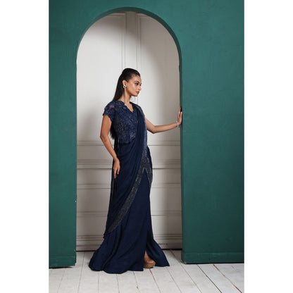 SMRITI Midnight Elegance Embellished Pre-Draped Saree with Stitched Blouse