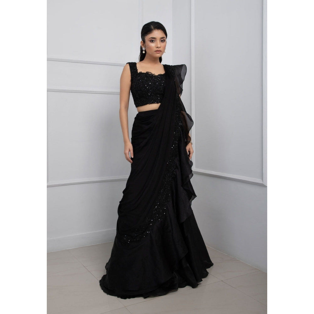 SMRITI Nova Black Pre-Draped Saree with Stitched Blouse
