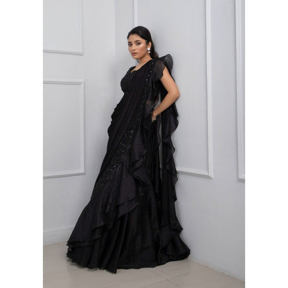 SMRITI Nova Black Pre-Draped Saree with Stitched Blouse