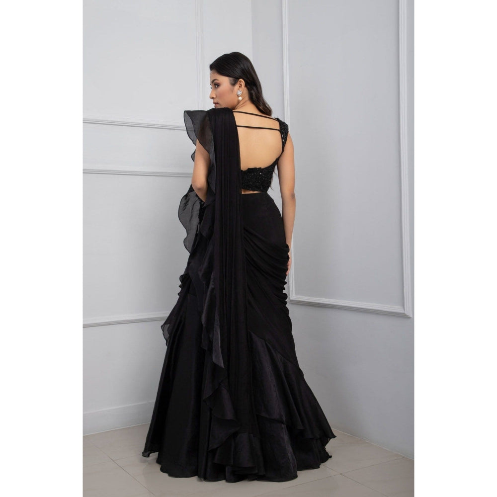 SMRITI Nova Black Pre-Draped Saree with Stitched Blouse
