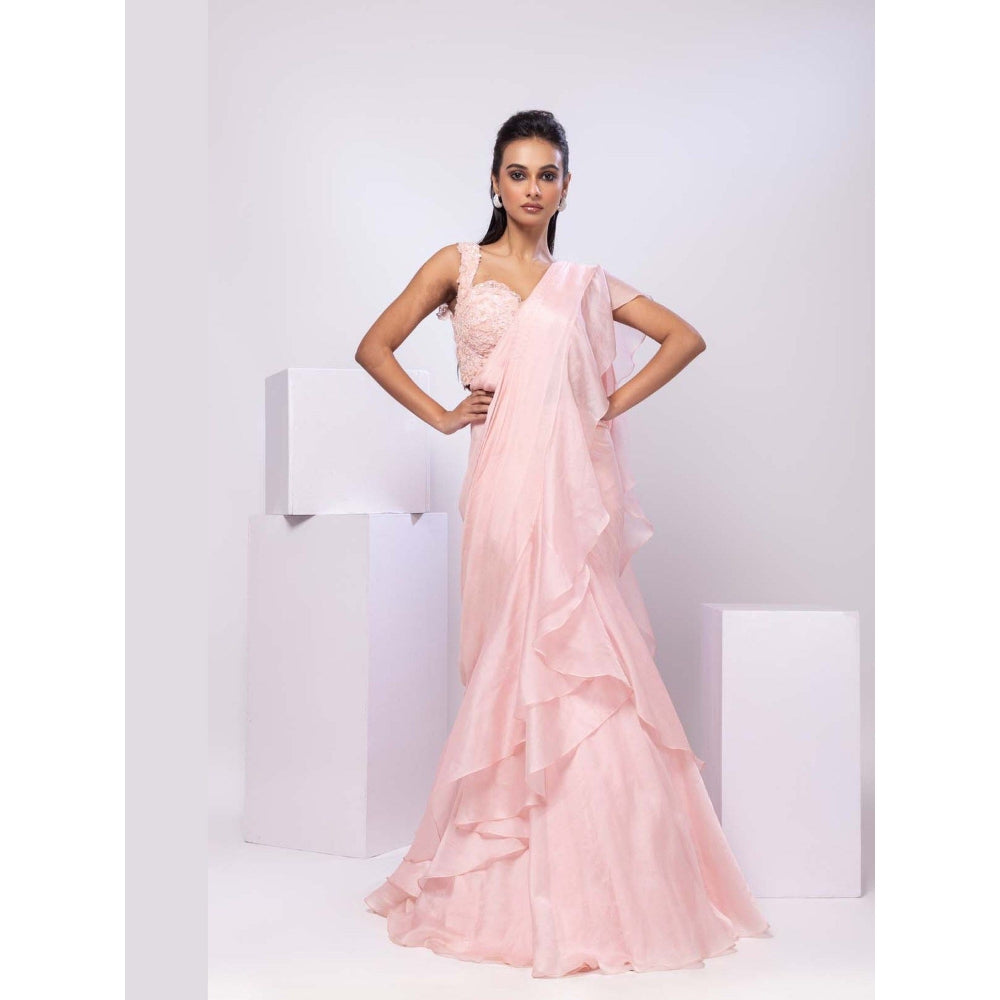 SMRITI Nova Pink Pre-Draped Saree with Stitched Blouse