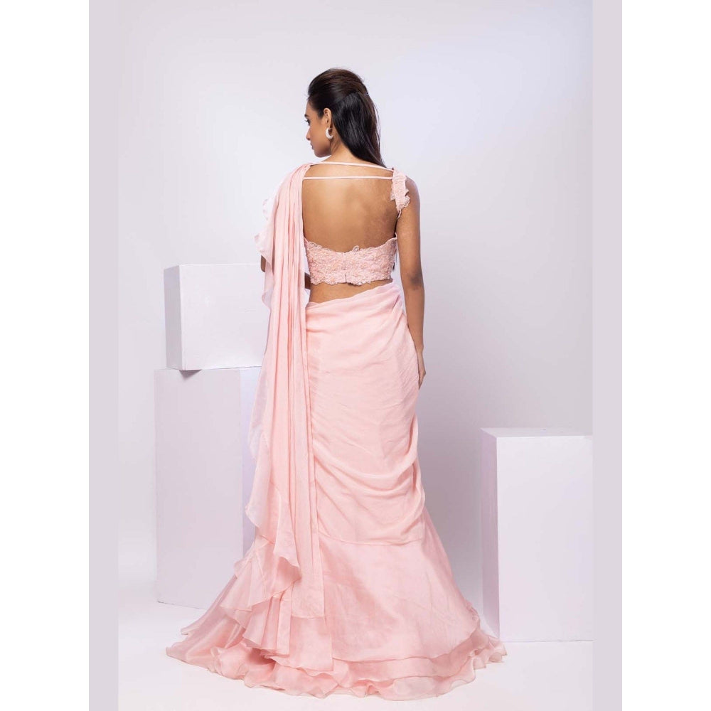 SMRITI Nova Pink Pre-Draped Saree with Stitched Blouse