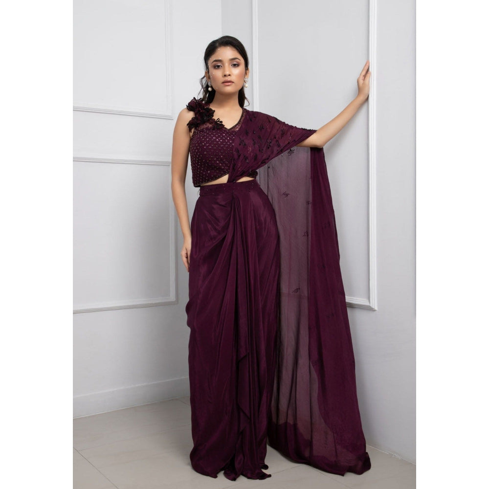 SMRITI Orchid Plum Pre-Draped Saree with Stitched Blouse